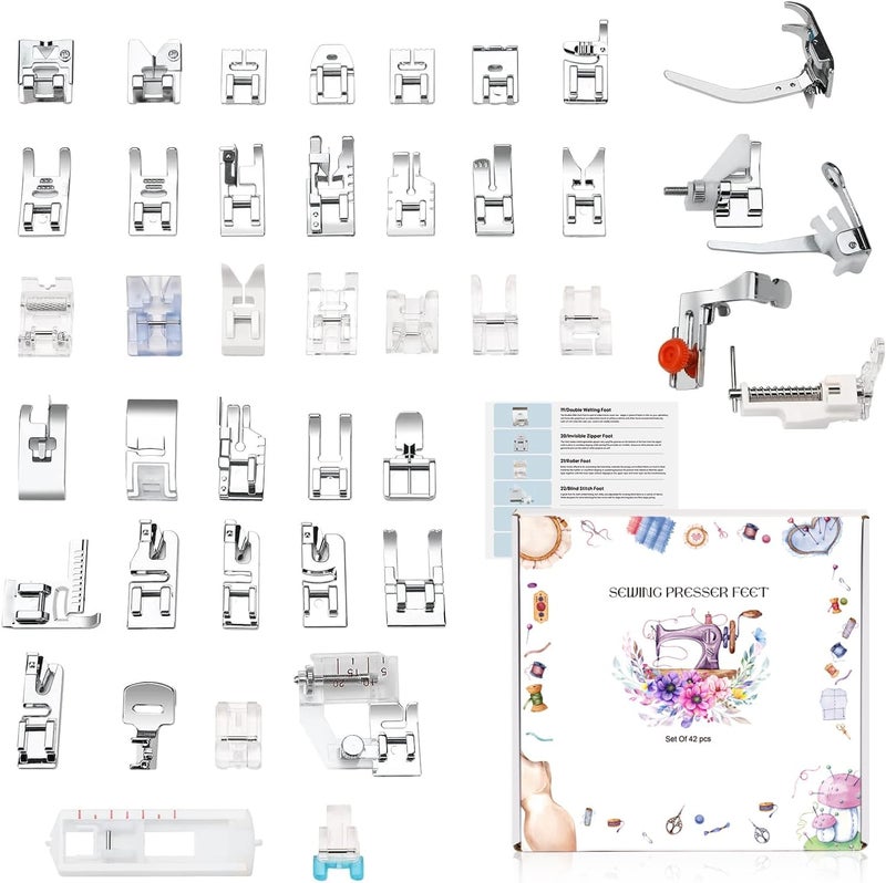 XBA Presser Foot Set 42Pcs, Sewing Machine Presser Feet Kit Accessories with Manual for Brother, Babylock, Singer, Elna, Toyota, New Home, Simplicity, Necchi, Kenmore Low Shank Machines - Image 1